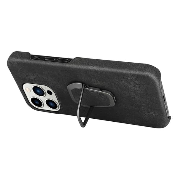 Iskunkestävä nahkasuojus soikealla jalustalla iPhone 14 Pro Max -puhelimelle - Musta Black