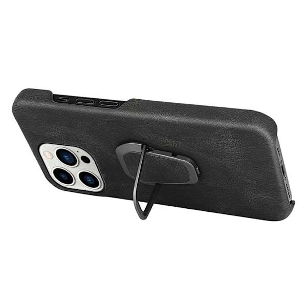 Stødsikkert lædercover med oval støttefod til iPhone 14 Pro Max - Sort Black