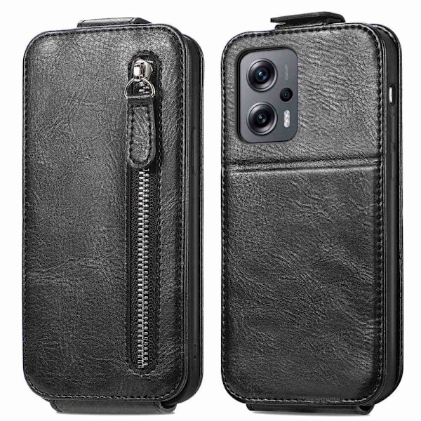 Vertical Flip Phone Suojakotelo With Zipper For Xiaomi Redmi Note 11S 5G / Poco M4 Pro 5g / Note 11t 5g - Musta Black
