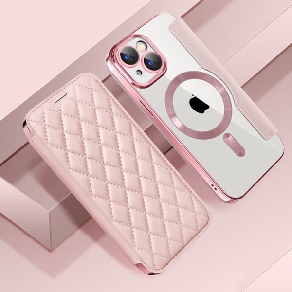 iPhone 15 Plus RFID-blokkerende lærveske med objektivfilm - Rosa Pink