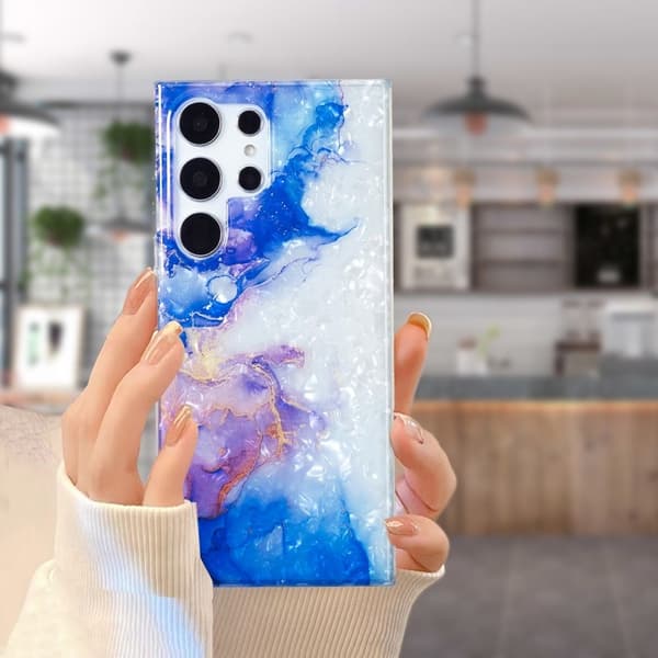 Marmormotiv Samsung Galaxy S22 Ultra skal - Himmelsblå Lila Marmor Blå
