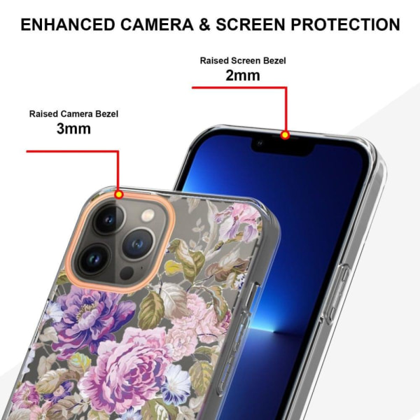 LB5-serien Blomstermønster Galvanisering IMD IML Shockrpoof Fleksibel telefonhylster iPhone 13 Pro 6.1 tommer - Lilla Pæon Purple