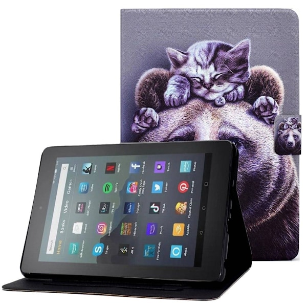 Amazon Fire 7 (2022) läderfodral med coolt mönster - Katt / Björn Lila