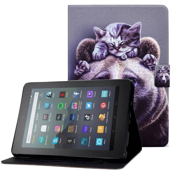 Amazon Fire 7 (2022) viileä kuvio nahkakotelo - Kissa / Karhu Purple