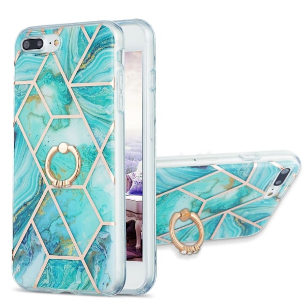 Marble Patterned Suojakuori With Ring Holder For iPhone 8 Plus - Sininen Blue