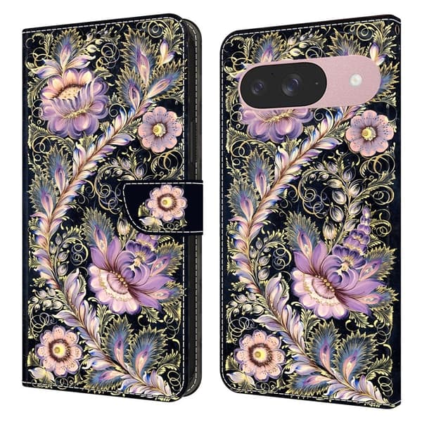 Google Pixel 9 / 9 Pro plånboksfodral mönstrat tryck stativ läder flip telefonskal - Vintage Guldnål Guld