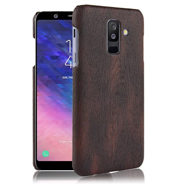 Samsung Galaxy A6 Plus (2018) mobiletui kunstlæder med træ design på overfalden - Sort Black