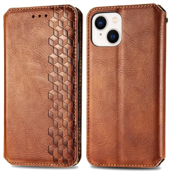 iPhone 15 læderetui med stilfuldt rombe aftryk - Brun Brown