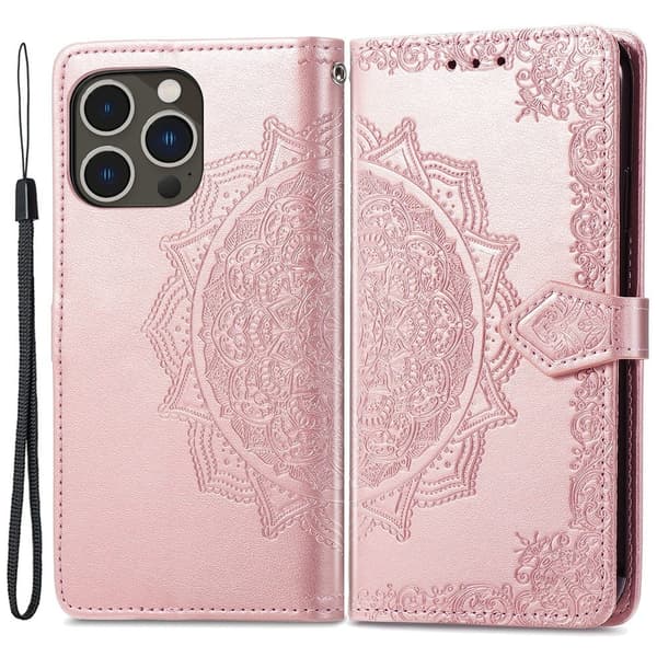 Mandala iPhone 15 Pro Flippetui - Rose Gull Pink