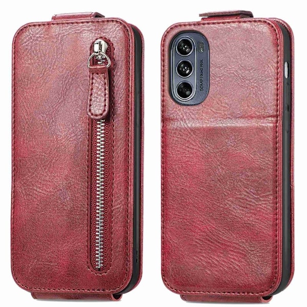 Vertical Flip Phone Etui med Zipper til Motorola Moto G62 5G - Rød Red