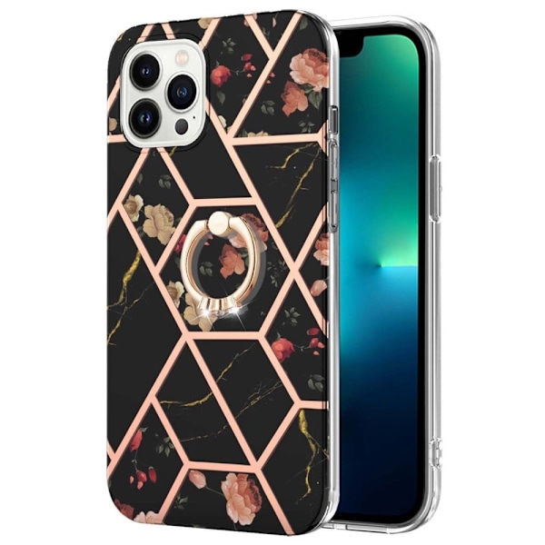 Marble Patterned Suojakuori With Ring Holder For iPhone 14 Pro Max - Black Flowers Black