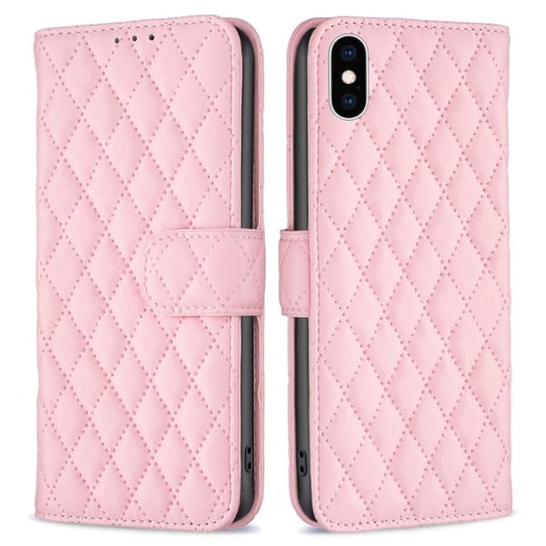 Rombemønster, matt flip-deksel for iPhone Xs - Rosa Pink