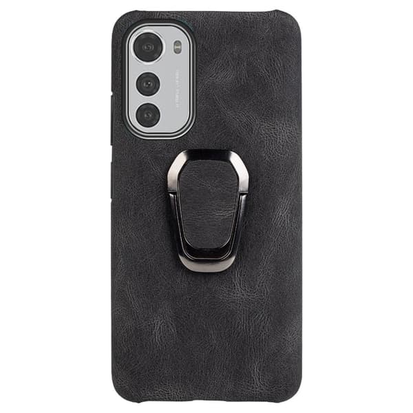 Stødsikker Læder Cover med Oval Stativ til Motorola Moto E32 - Sort Black