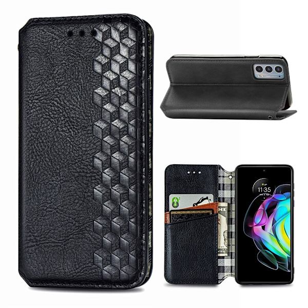 Læder Etui med A Stilfuldt Rhombus Tryk til Motorola Edge 20 - Sort Black