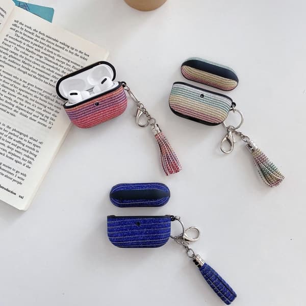 Airpods Pro lærveske med silkemønstret garndekor - Blå Blue