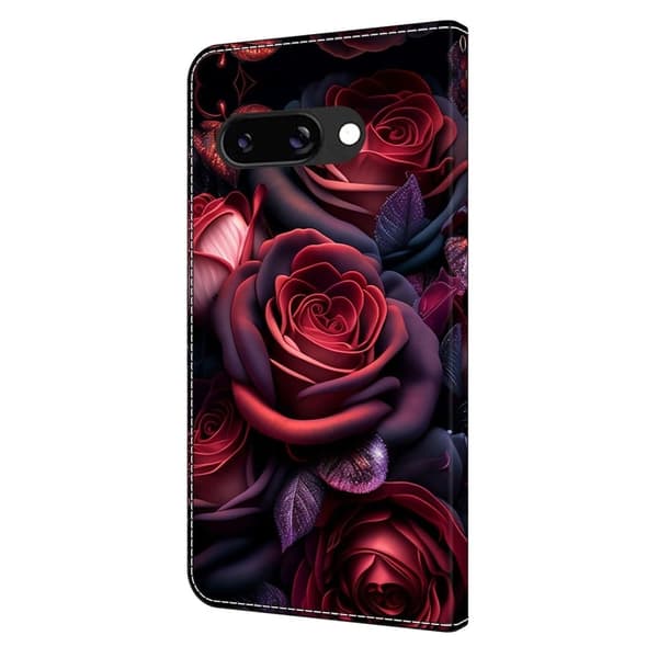 Google Pixel 9a Plånboksfodral Mönster Tryck Stativ Läder Flip Telefonskal - Svart Ros Röd