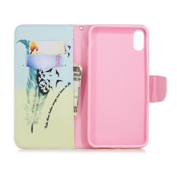 iPhone Xs Max læder flip cover med mønsterprint - Feather Multicolor