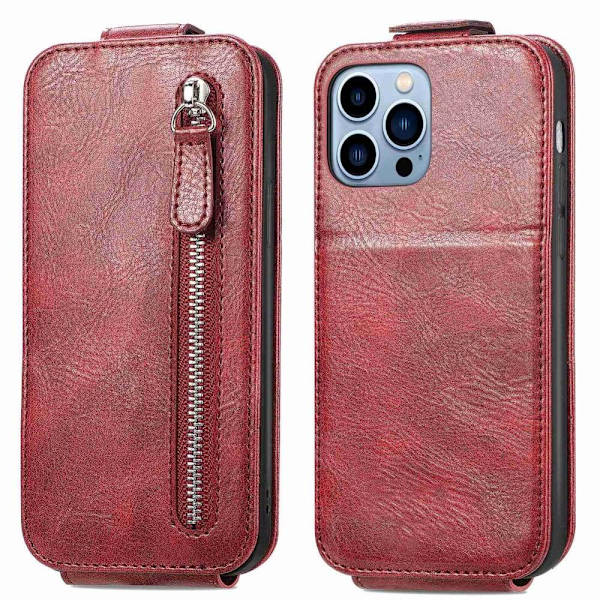 Lodret iPhone 13 Pro flip etui med lynlås - Rød Red