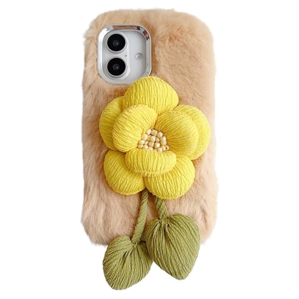iPhone 16 Plus Plysch Telefonskal 3D Blomma Dekor Fluffig Flexibel Baksida - Beige Brun