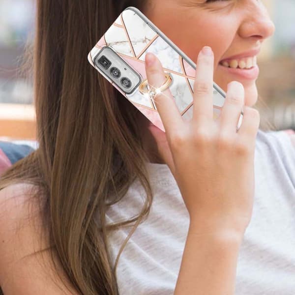 Marble Mønstret Deksel med Ring Holder til Motorola Edge 20 Pro - Rosa / Hvit Pink