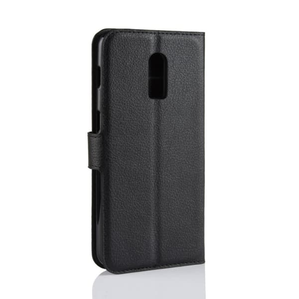 OnePlus 6T mobiletui i kunstlæder med Litchi overfalde og kortholder - Sort Black