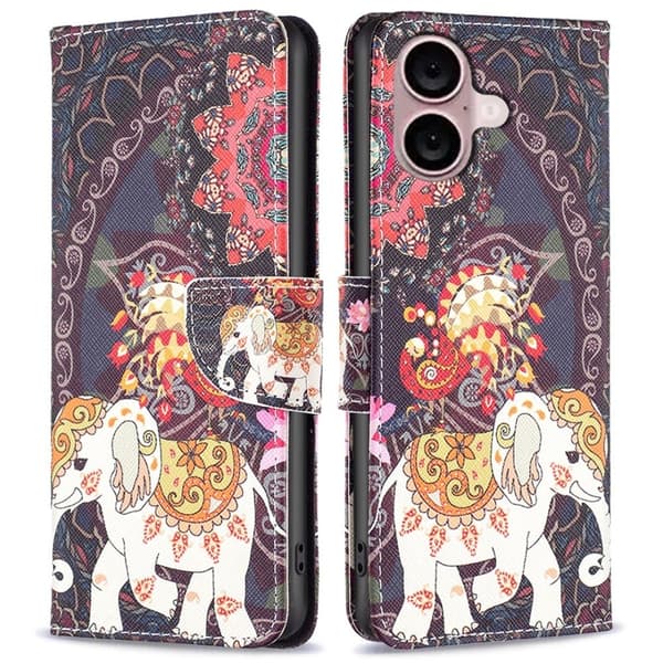 Wonderland iPhone 16 Plus flip kuoret - Kukka Ja Norsu Multicolor