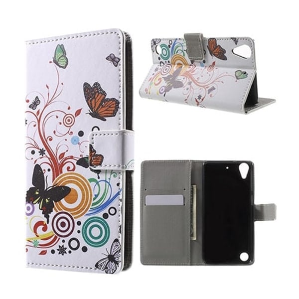 Holberg læder-etui til HTC Desire 530 med kortholder og stander - Sommerfugle og cirkler Multicolor