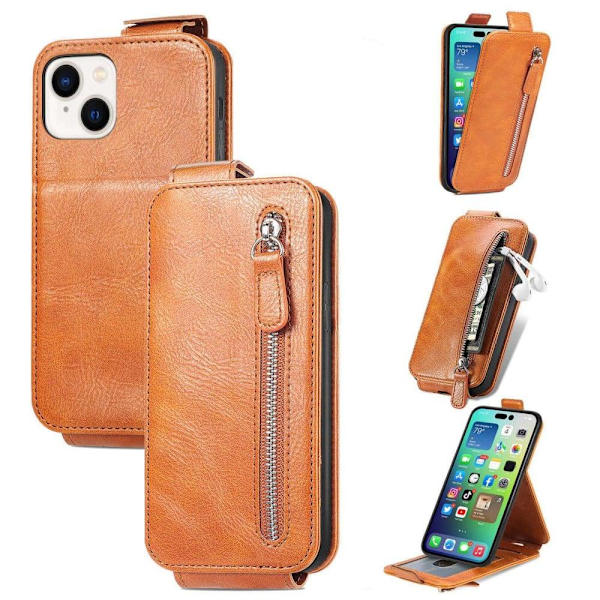 Vertikalt iPhone 14 fodral med dragkedja - Brun Brun