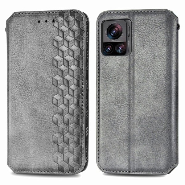 Læder Etui med A Stilfuldt Rhombus Tryk til Motorola Edge 30 Ultra / X30 Pro - Grå Silver grey