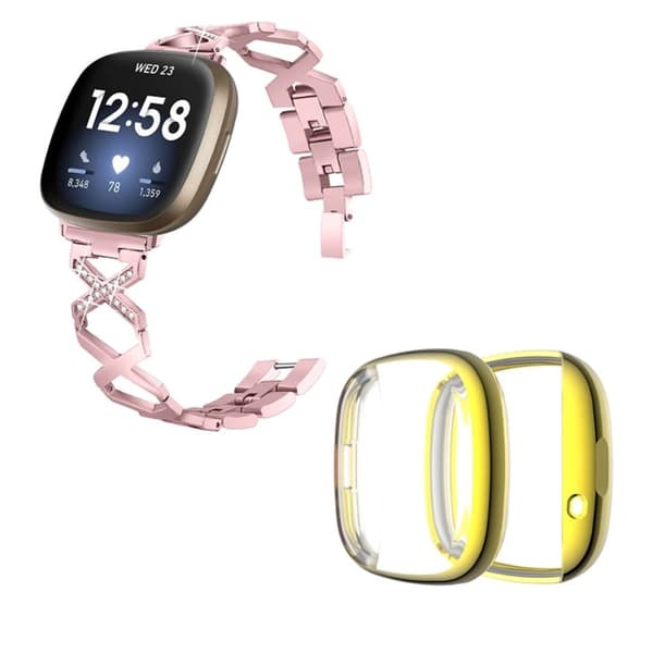 Fitbit Sense / Versa 3 X-formad klockrem med strassdekor och guldfodral - Rosa Ros Rosa