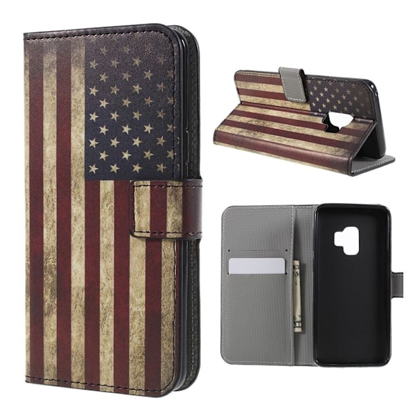 Samsung Galaxy S9 mønstret grynet PU læder flip etui - Amerikansk Flag Multicolor
