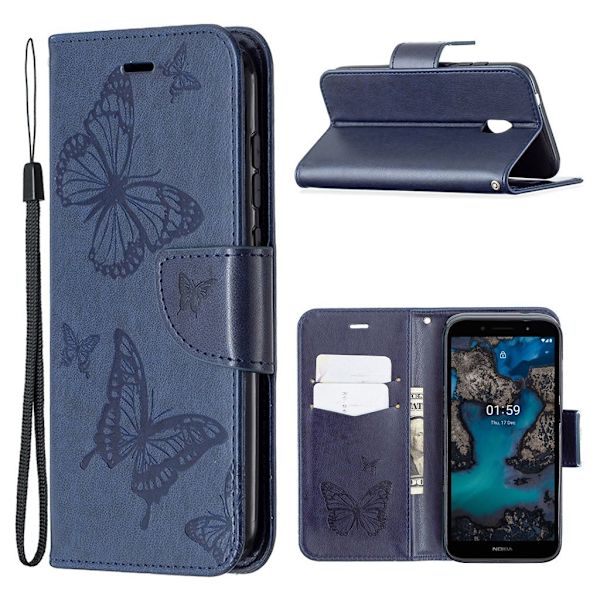 Butterfly Nokia C1 Plus Flip Etui - Mørkeblå Blue
