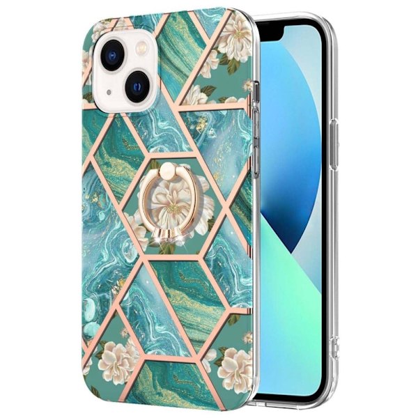 Marble Mønstret Deksel med Ring Holder til iPhone 14 Plus - Blåe Blomster Blue