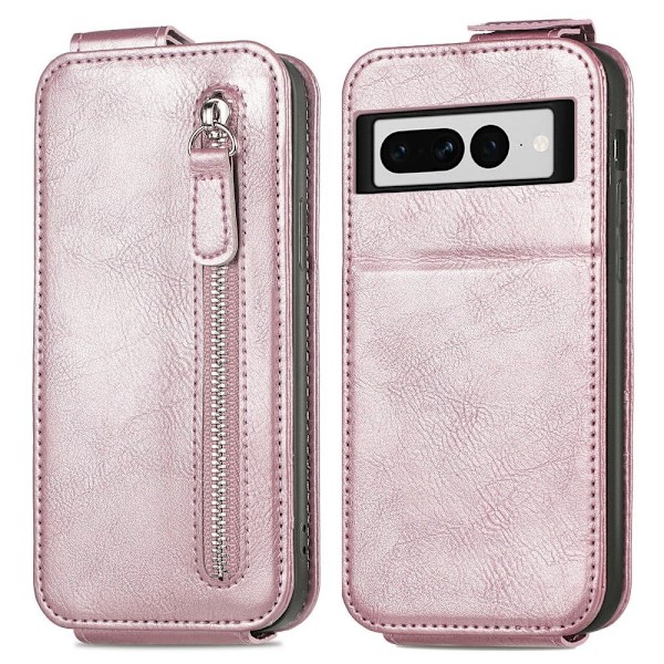 Vertical Flip Phone Suojakotelo With Zipper For Google Pixel 7 Pro - Ruusukulta Pink