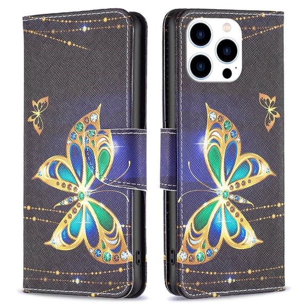 Wonderland iPhone 14 Pro flip-etui - Smykker Sommerfugl Black