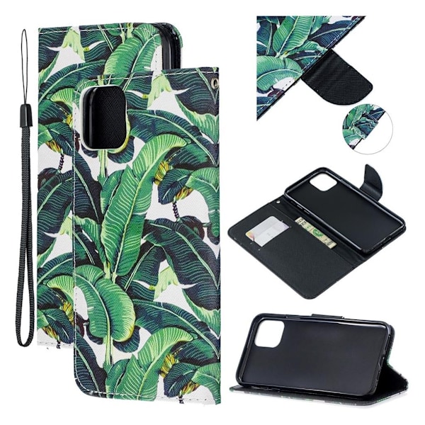 Mønstertryk tegnebog læderetui med rem iPhone 11 Pro Max 6,5 tommer (2019) / XS Max 6,5 tommer - Blade Green