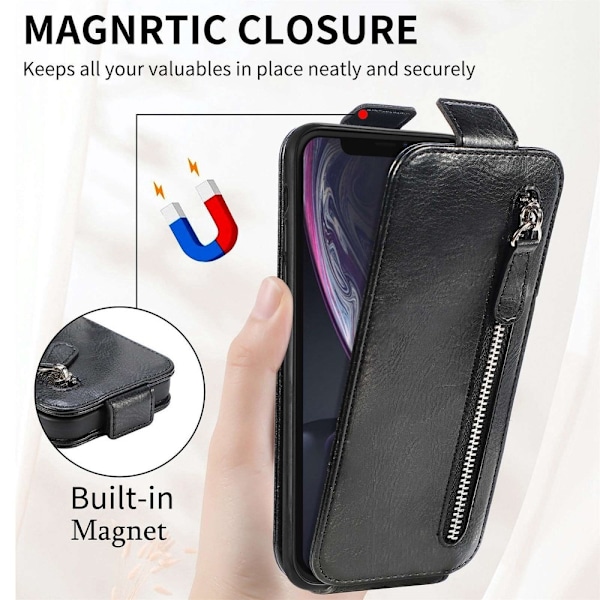 Lodret iPhone Xr flip etui med lynlås - Sort Black