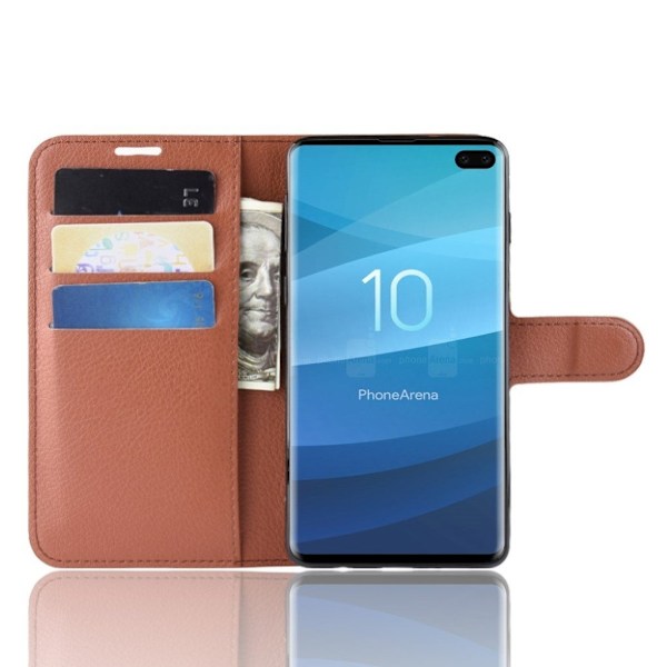 Samsung Galaxy S10 Plus litchi skin læder flip etui - Brun Brown