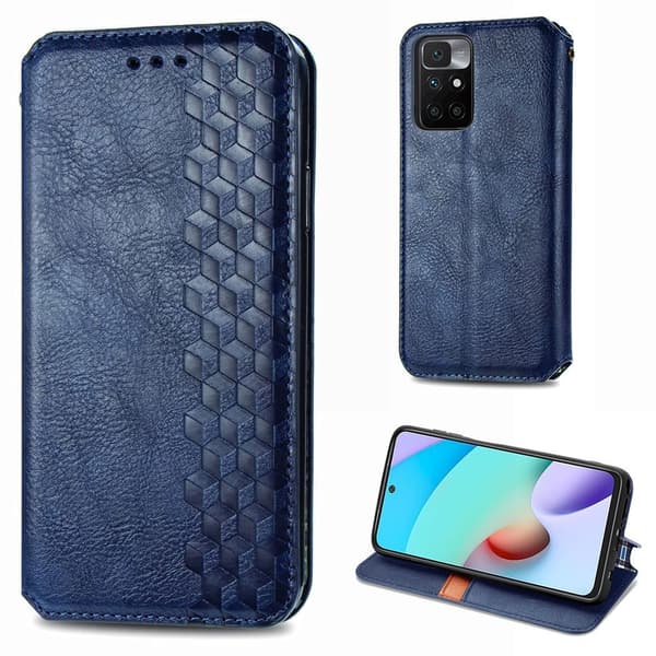 Lær Etui med A Stilfull Rhombus Imprint til Xiaomi Redmi Note 10s / Redmi Note 10 - Blå Blue