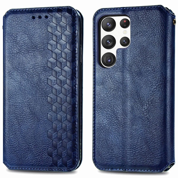 Læder Etui med A Stilfuldt Rhombus Tryk til Samsung Galaxy S23 Ultra - Blå Blue