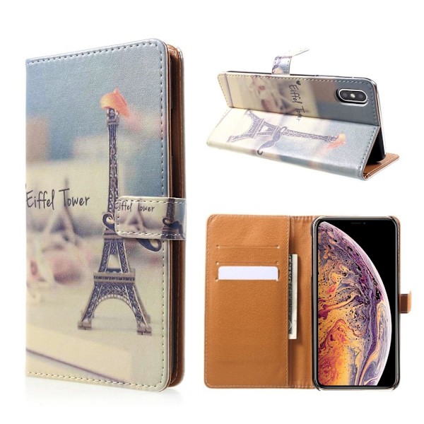 iPhone Xs Max mønstret læder flip cover - Eiffeltårnet Og Overskæg Multicolor