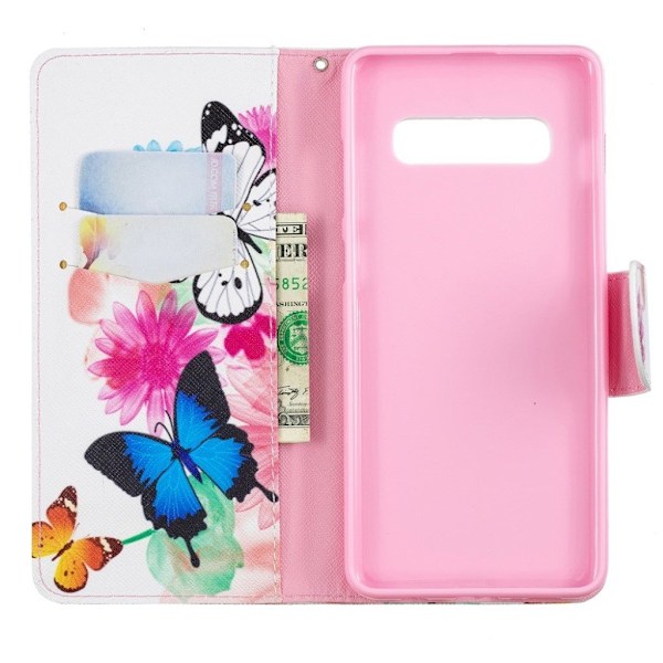 Samsung Galaxy S10 Plus kuosillinen nahkainen flip Suojakotelo - Perhoset ja Kukat Multicolor