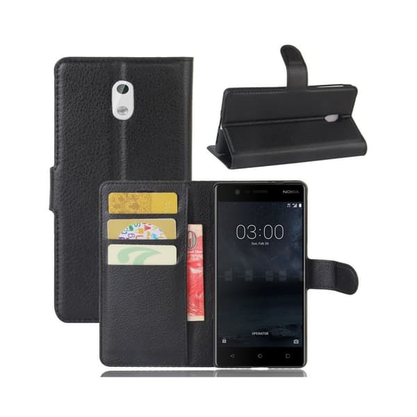 Nokia 3 Litchi Skinn Tekstur PU Lær Flip Etui - Svart Black