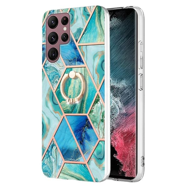 Marble Patterned Suojakuori With Ring Holder For Samsung Galaxy S22 Ultra - Vihreä Green