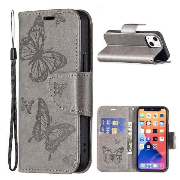 Butterfly iPhone 13 Læderetui - Sølv/Grå Silver grey