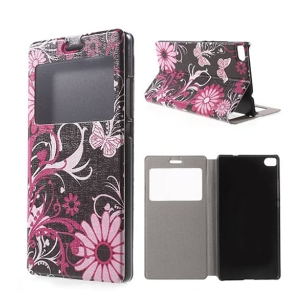Moberg View Huawei Ascend P8 Lær Flip Case - Rosa Sommerfugler og Blomster Multicolor