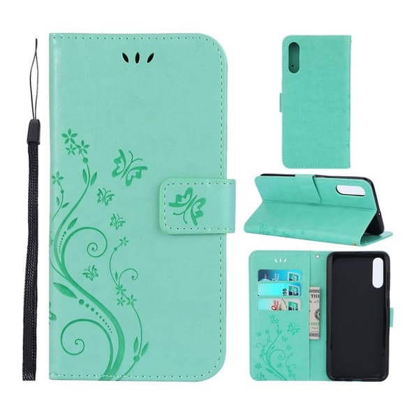Samsung Galaxy A50 aftryk Sommerfugl blomster læder etui - Grøn Green