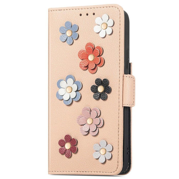 Mjukt läder Samsung Galaxy S21 Ultra 5G fodral med blomdekor - Khaki Brun