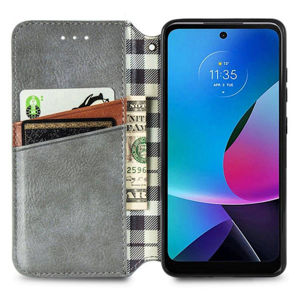 Læder Etui med A Stilfuldt Rhombus Tryk til Motorola Moto G Play (2023) - Grå Silver grey