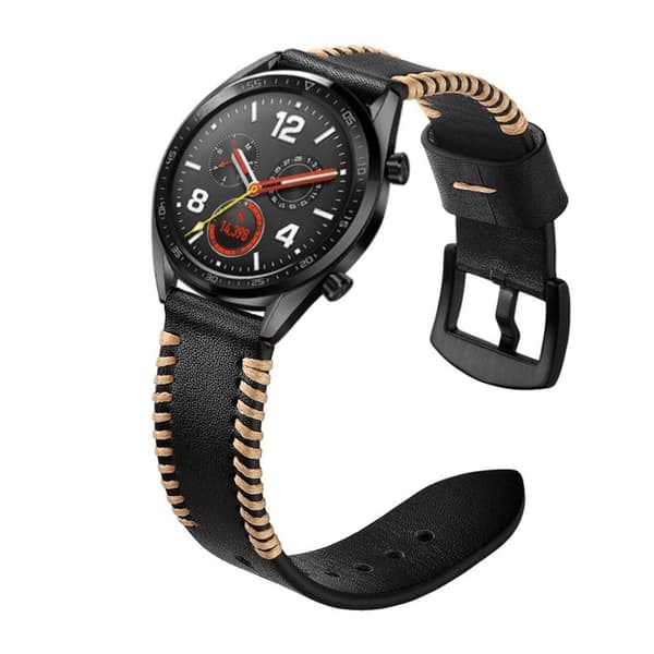 Huawei Watch GT / GT 2 46mm / Watch Magic ridge stil ægte læder Urrem - Sort Black